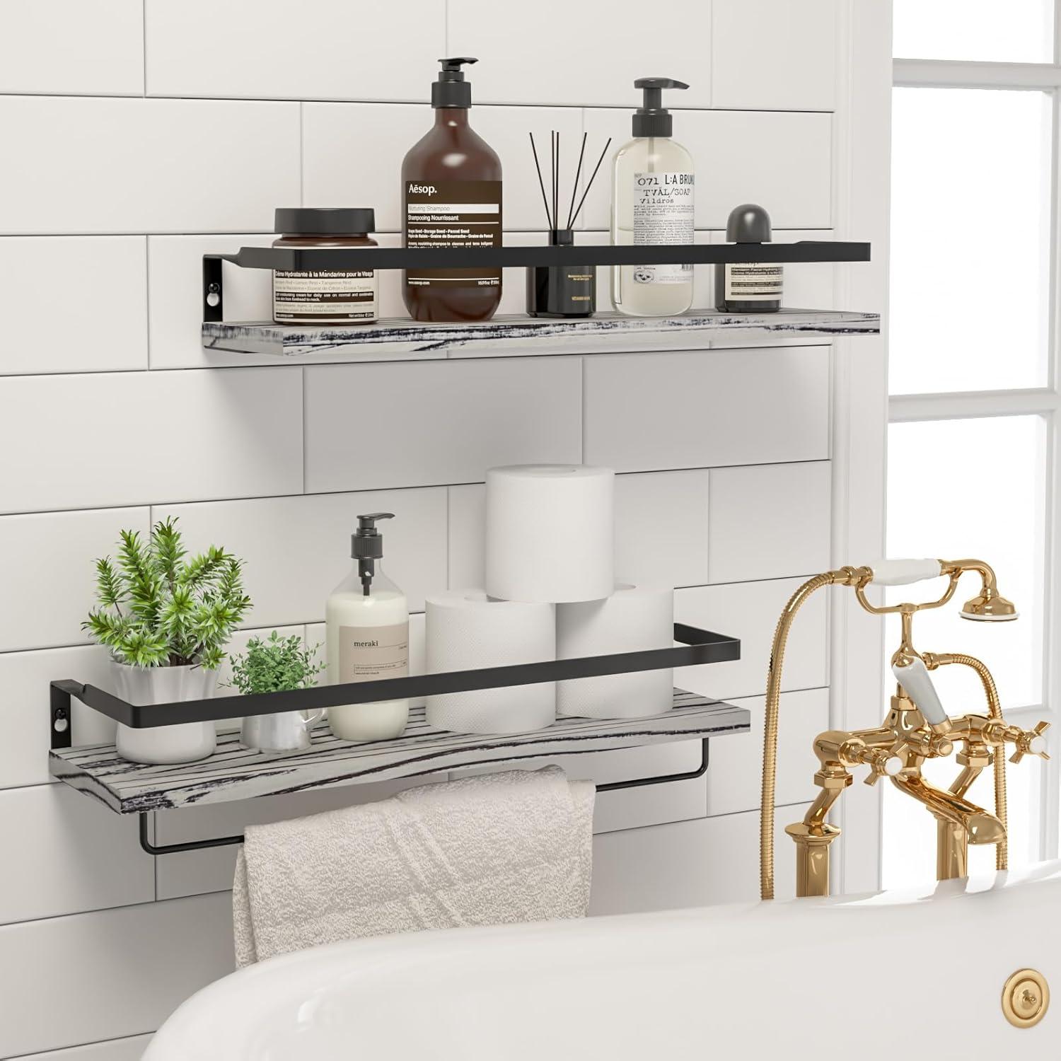 Rustic Grey Pine Wood Floating Wall Shelves with Towel Holder