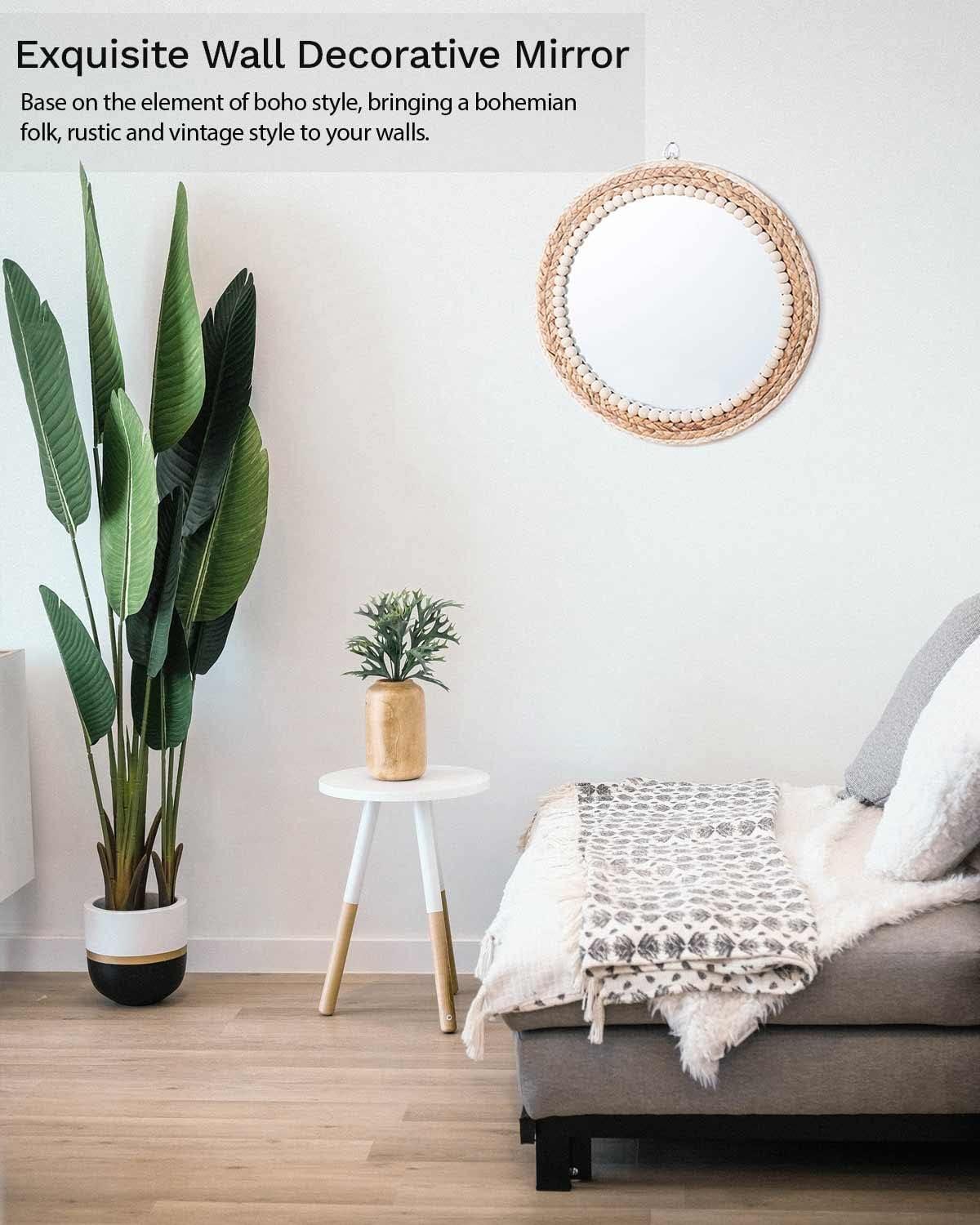 Poeme Boho Wall Mounted Round Mirror - 15 Inch Circle Rattan Decorative Hanging Mirror for Bedroom, Living Room & Bathroom