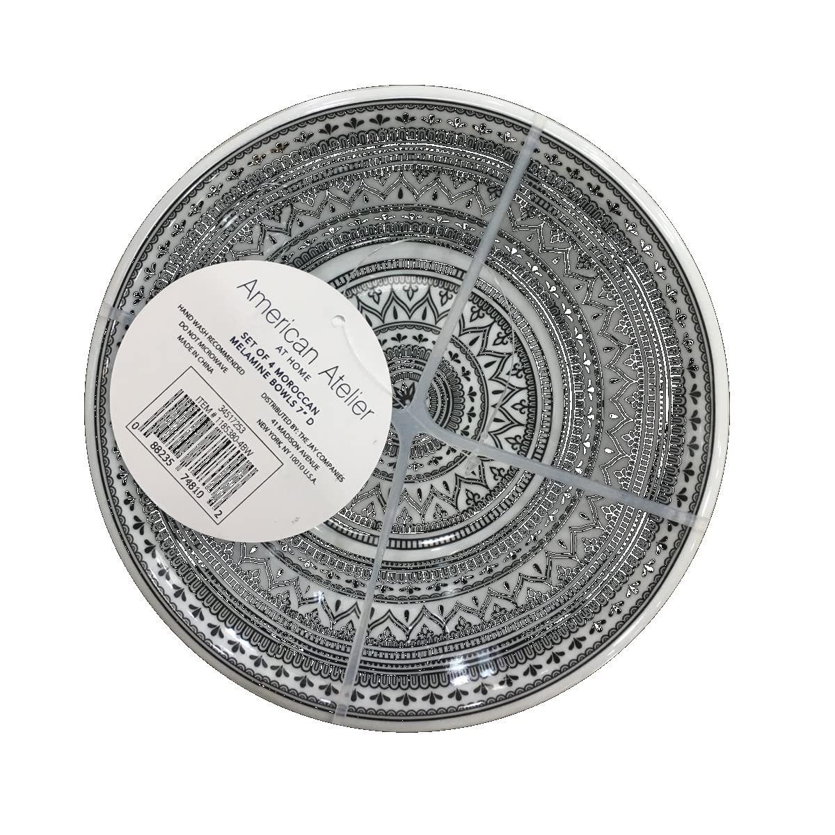 American Atelier Moroccan Black/White Design Melamine Cereal Bowls, 7-Inch, Lightweight and Break-Resistant Pasta Bowls, Set of 4,