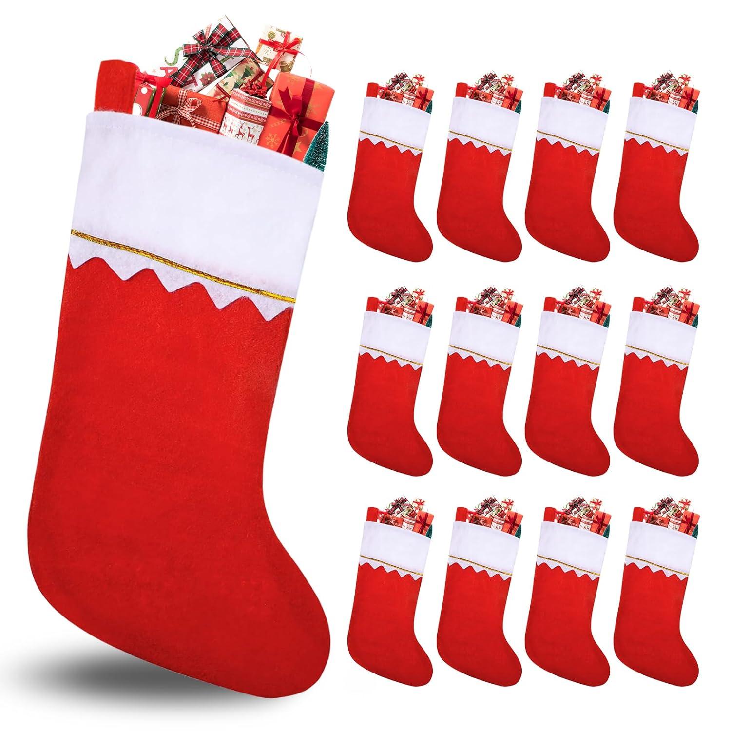 XYK Clearance 12 Pack Christmas Stockings 15 Inches Red and White Stockings with Gold Trim Perfect for Family Holiday Decorations Rustic Santa Stockings for Christmas Home Bedroom and Party Decor Made