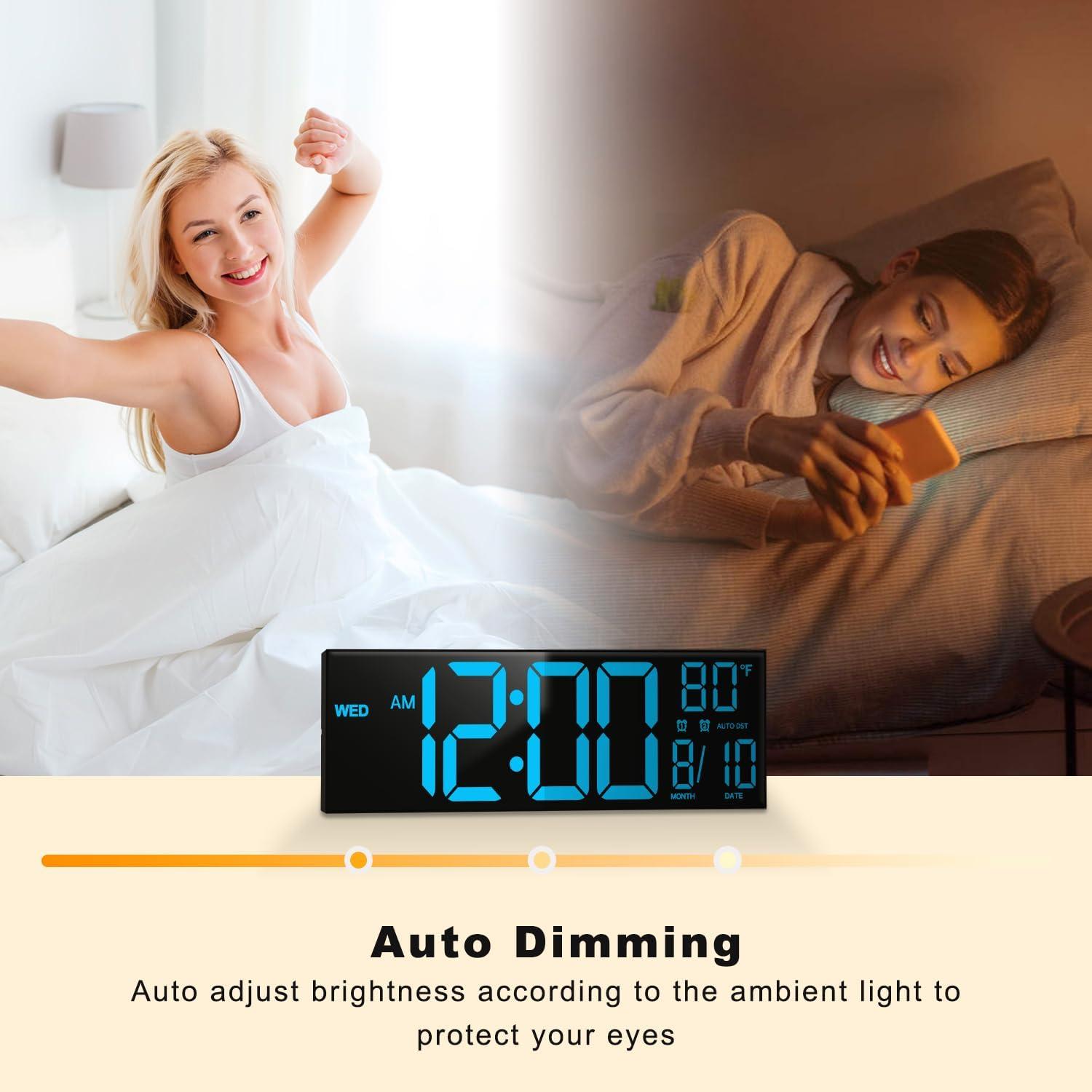 JALL 10.5" Digital Clock with Large Display, Calendar Day and Date, DST, Temperature, Dual Alarms, for Desk, Wall Mounted, Living Room, Bedroom, Gift for Elderly, Seniors, Dementia