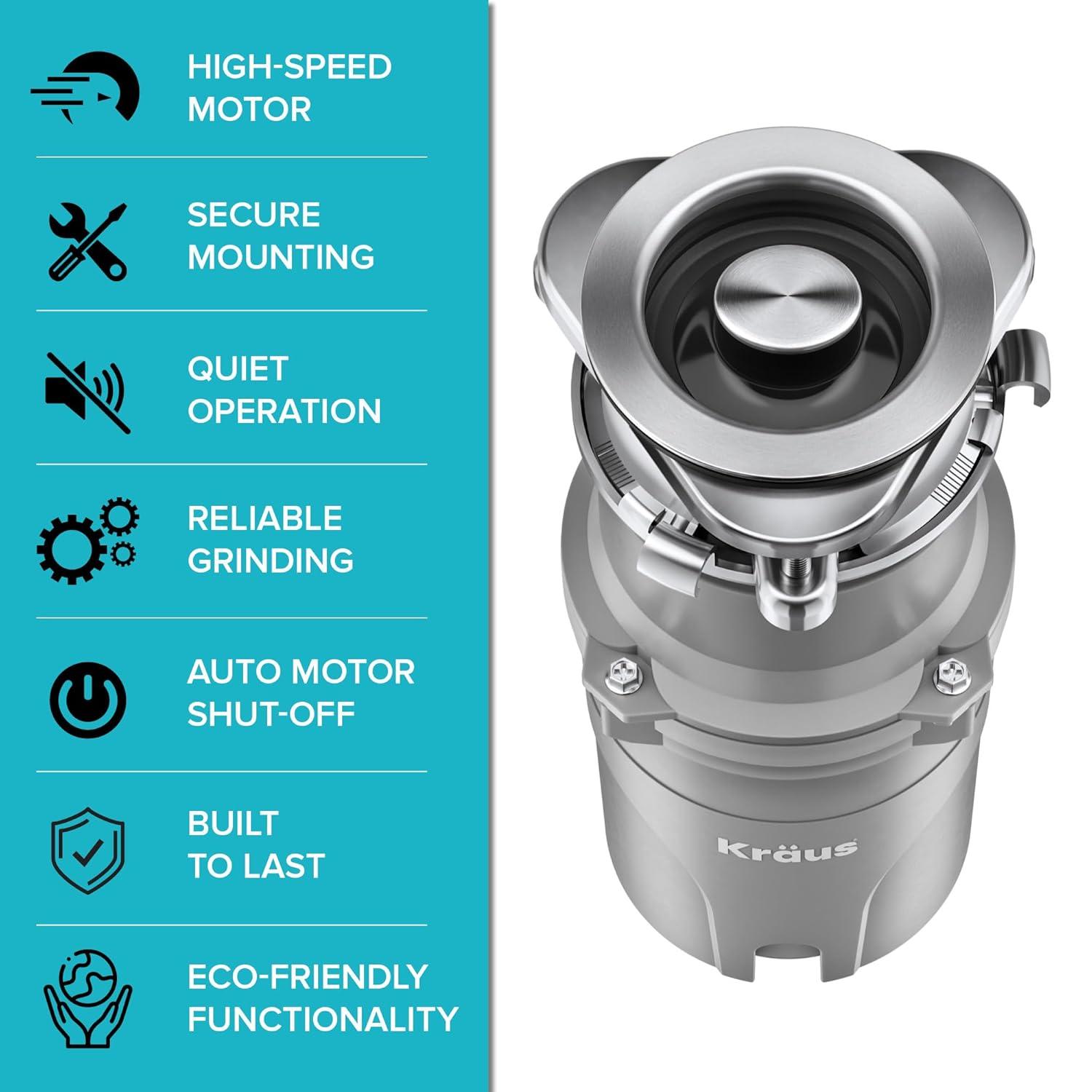 Kraus KRAUS WasteGuard Continuous Feed Motor Garbage Disposal with Power Cord and Universal Mount