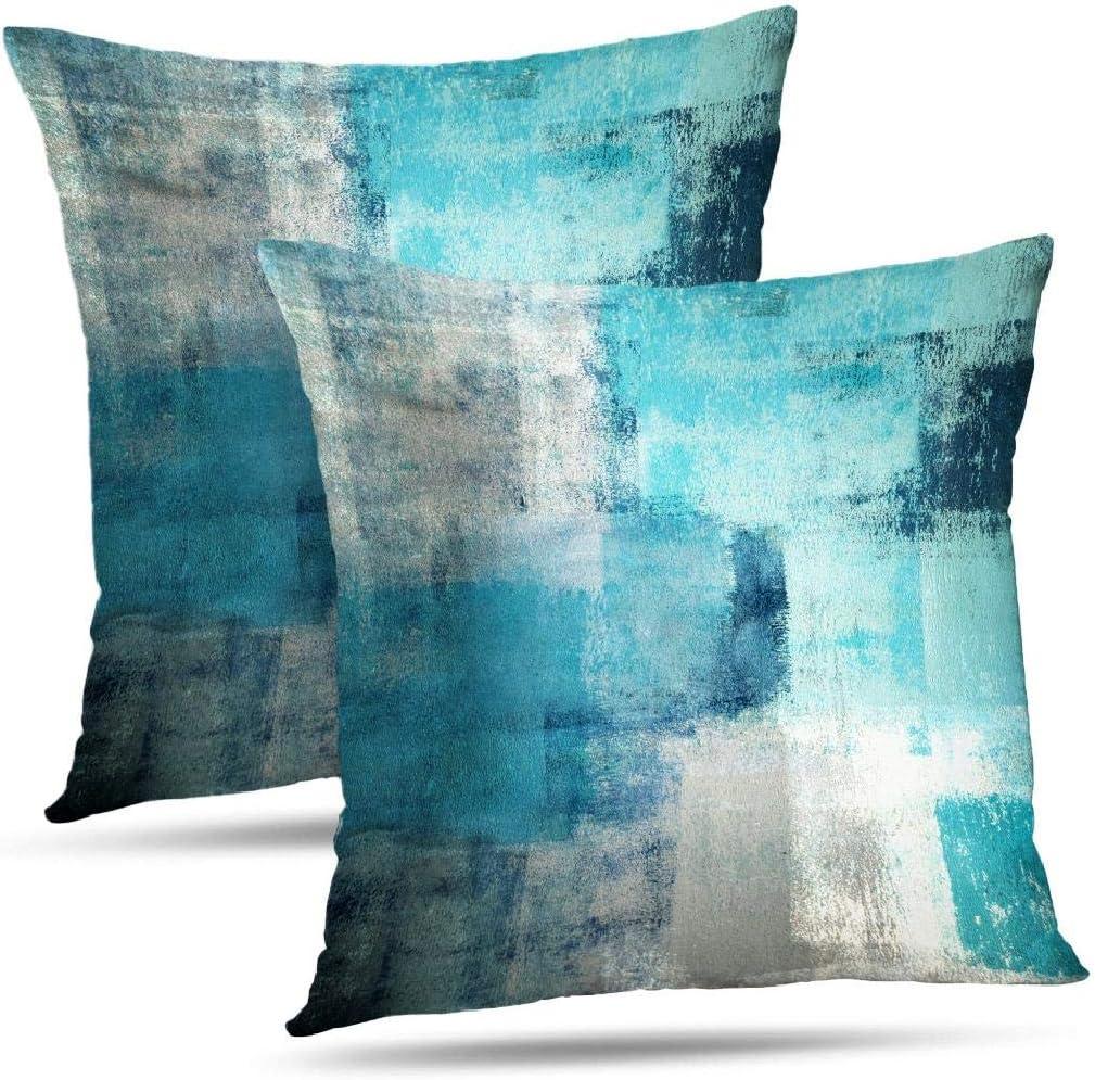 Set of 2 Teal and Grey Cotton Polyester Throw Pillow Covers