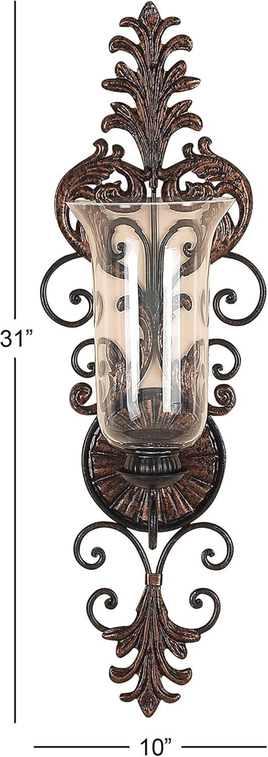 DecMode Bronze Glass Wall Sconce with Scroll Designs