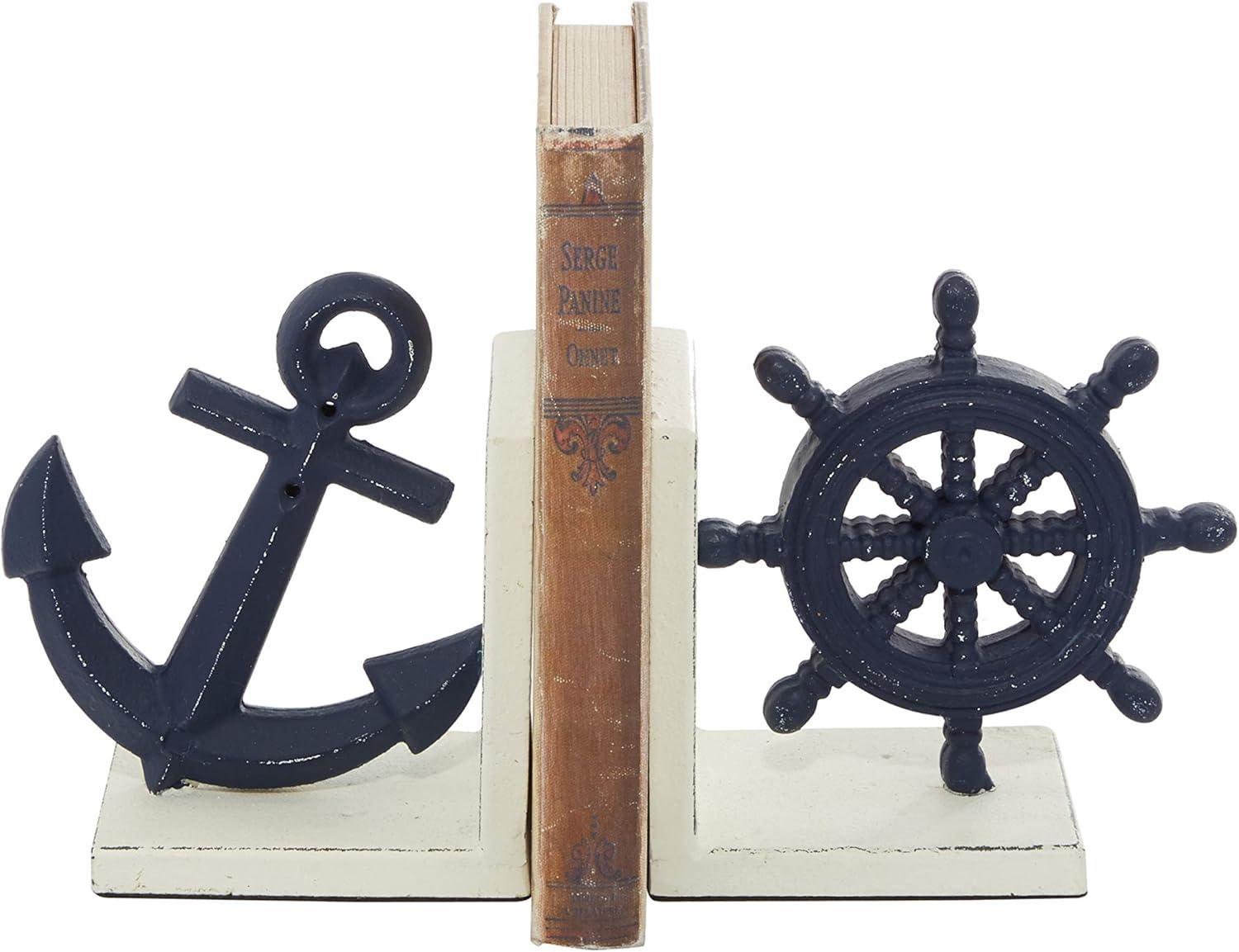 DecMode 6" Anchor and Ship Wheel Blue Metal Bookends (Set of 2)