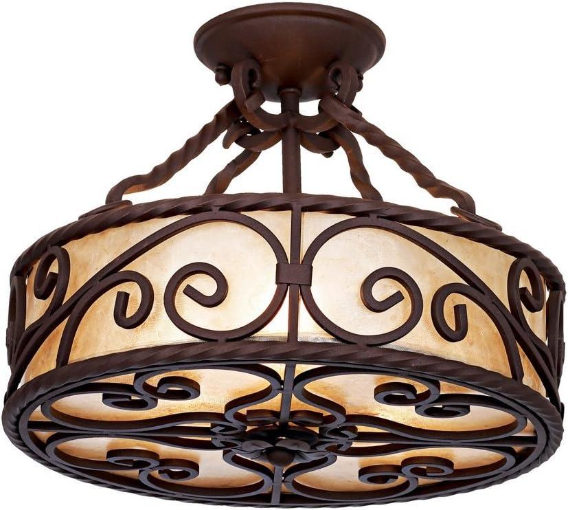 John Timberland Natural Mica Rustic Ceiling Light Semi Flush Mount Fixture 15" Wide Deep Walnut Scroll 3-Light Drum Shade for Bedroom Living Room Home