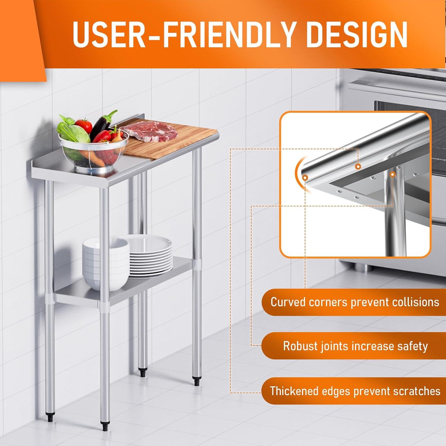 Stainless Steel Table 24" x 30" with Adjustable Undershelf and Backsplash, Commercial Metal Workstations for Kitchen, Garage, Outdoor BBQ
