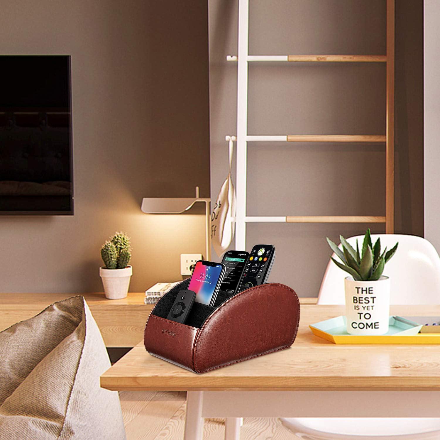 SITHON Remote Control Holder with 5 Compartments - PU Leather Remote Caddy Desktop Organizer, Brown