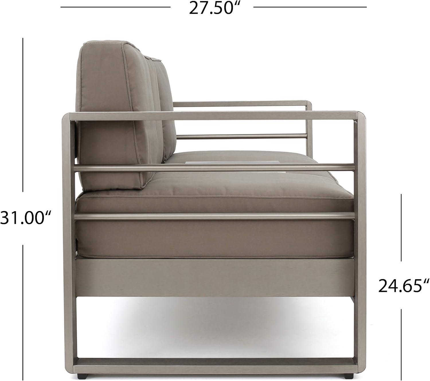 GDFStudio William Outdoor Aluminum 3 Seater Loveseat Sofa with Tray, Silver/Light Gray