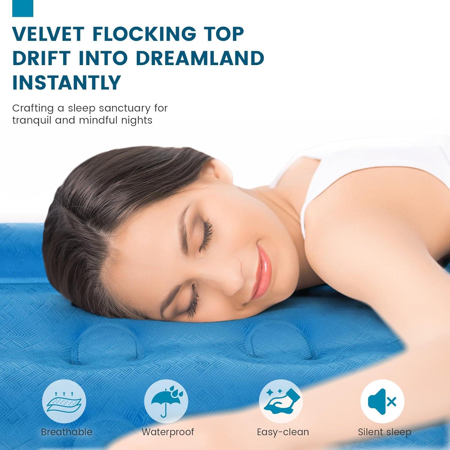 Luxury Air Mattress Queen with Built in Pump, 18'' High Double Blow Up Mattress, Self Inflating Air Bed with Flocked Top and Carry Bag, Durable Portable Airbed for Home Guest and Camping, Blue