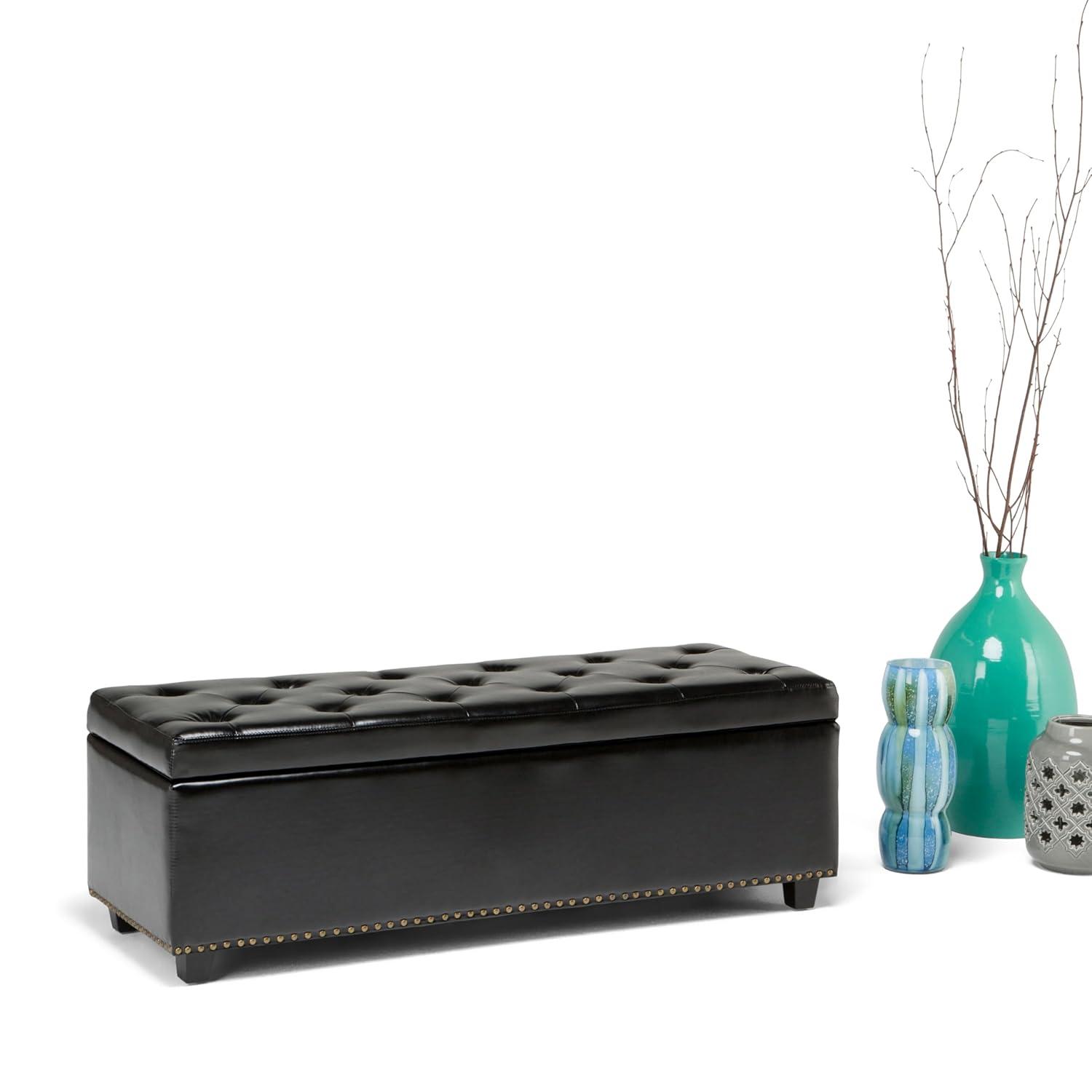 Simpli Home Hamilton 48"W Upholstered Storage Ottoman Bench with Lift-Top Lid, Tufted Design, and Nailhead Trim
