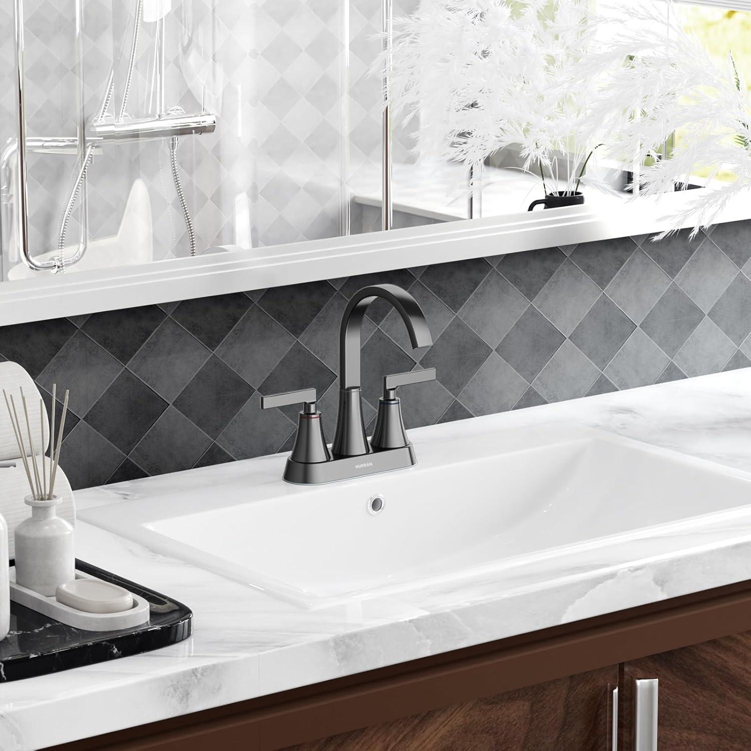 4 Inch Bathroom Faucets for Sink 3 Hole, Faucet for Bathroom Sink with Pop-up Drain & Supply Hoses, 2-Handle 360 Swivel Spout Stainless Steel Lead-Free, Centerset Faucet for Vanity Lavatory