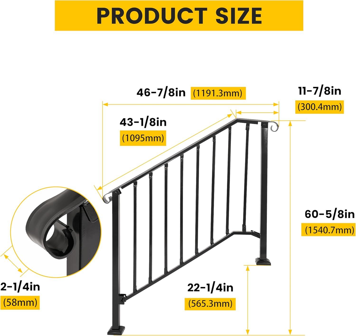 KUAFU 4-5 Step Hand Rail, Handrails for Outdoor Steps, 4-5 Steps Adjustable Outdoor Garden Railing for Stairs Black Steel Powder Coated Heavy Duty