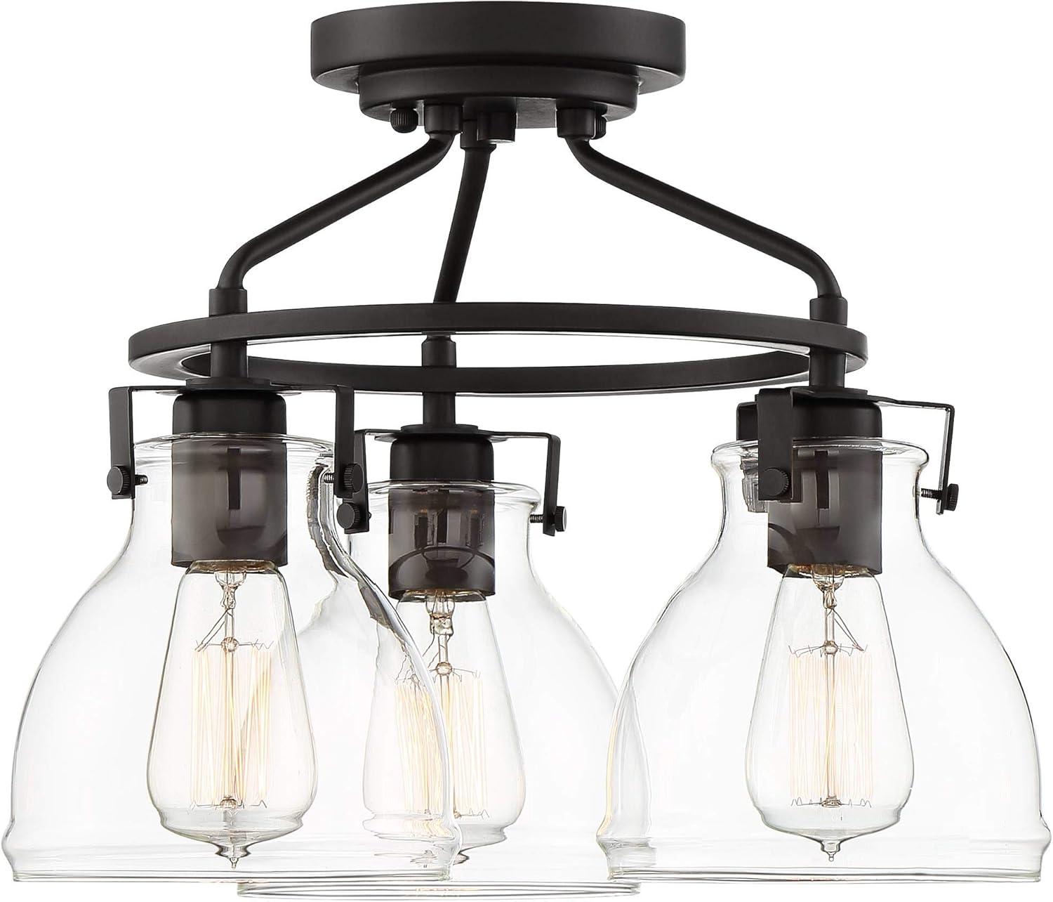 Possini Euro Design Industrial Rustic Farmhouse Ceiling Light Semi Flush Mount Fixture 14 1/2" Wide Bronze 3-Light Clear Glass Shade for Bedroom House