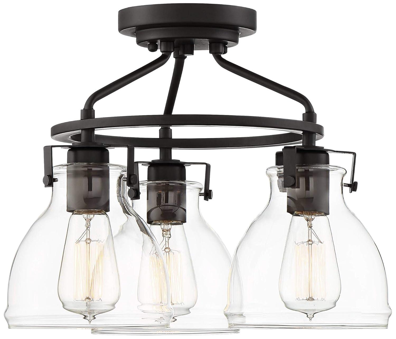 Possini Euro Design Industrial Rustic Farmhouse Ceiling Light Semi Flush Mount Fixture 14 1/2" Wide Bronze 3-Light Clear Glass Shade for Bedroom House