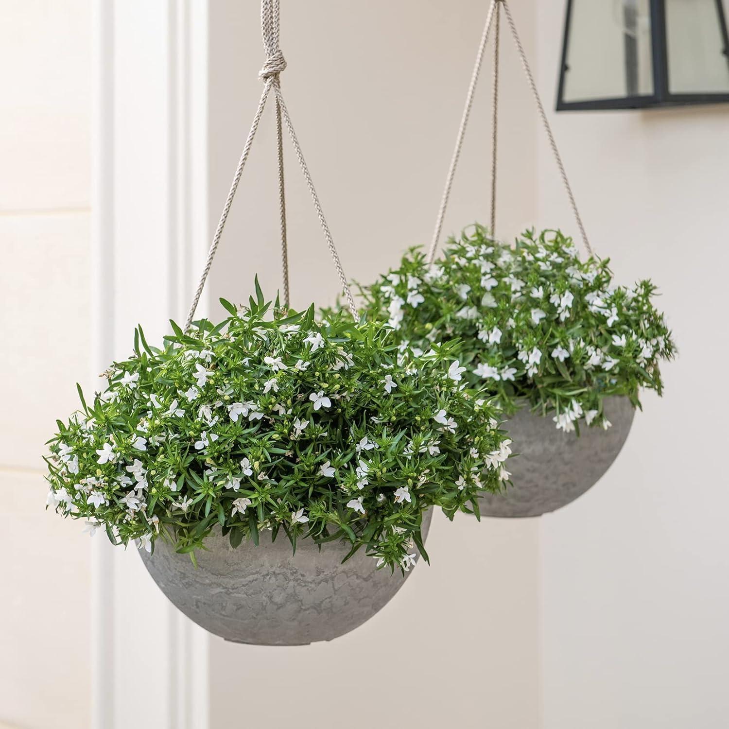 Gray Marble Pattern 10'' Recycled Plastic Hanging Planters with Rope