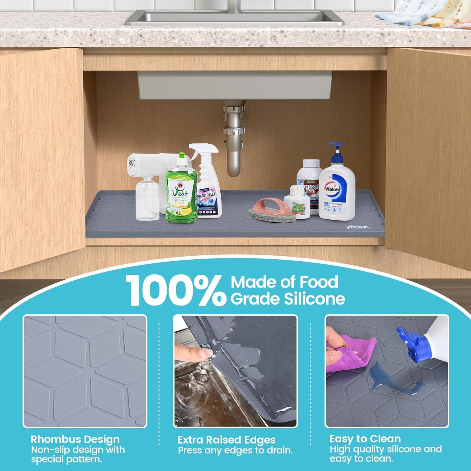 Under Sink Mat, 34" X 22" Silicone Mats For Kitchen Waterproof, Under Sink Cabinet Organizers And Storage, Sink And Cabinet Protector, Under Sink Tray For Bathroom (Grey)