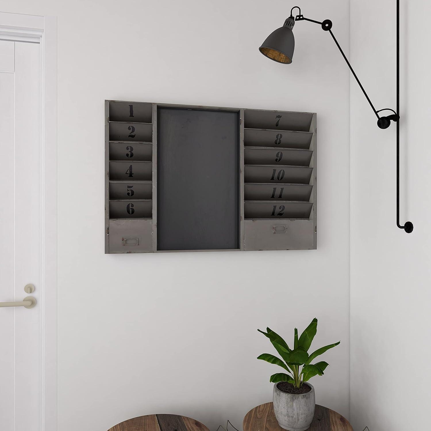 DecMode Gray Metal Chalkboard File Holder Sign Wall Decor with Black Numbers