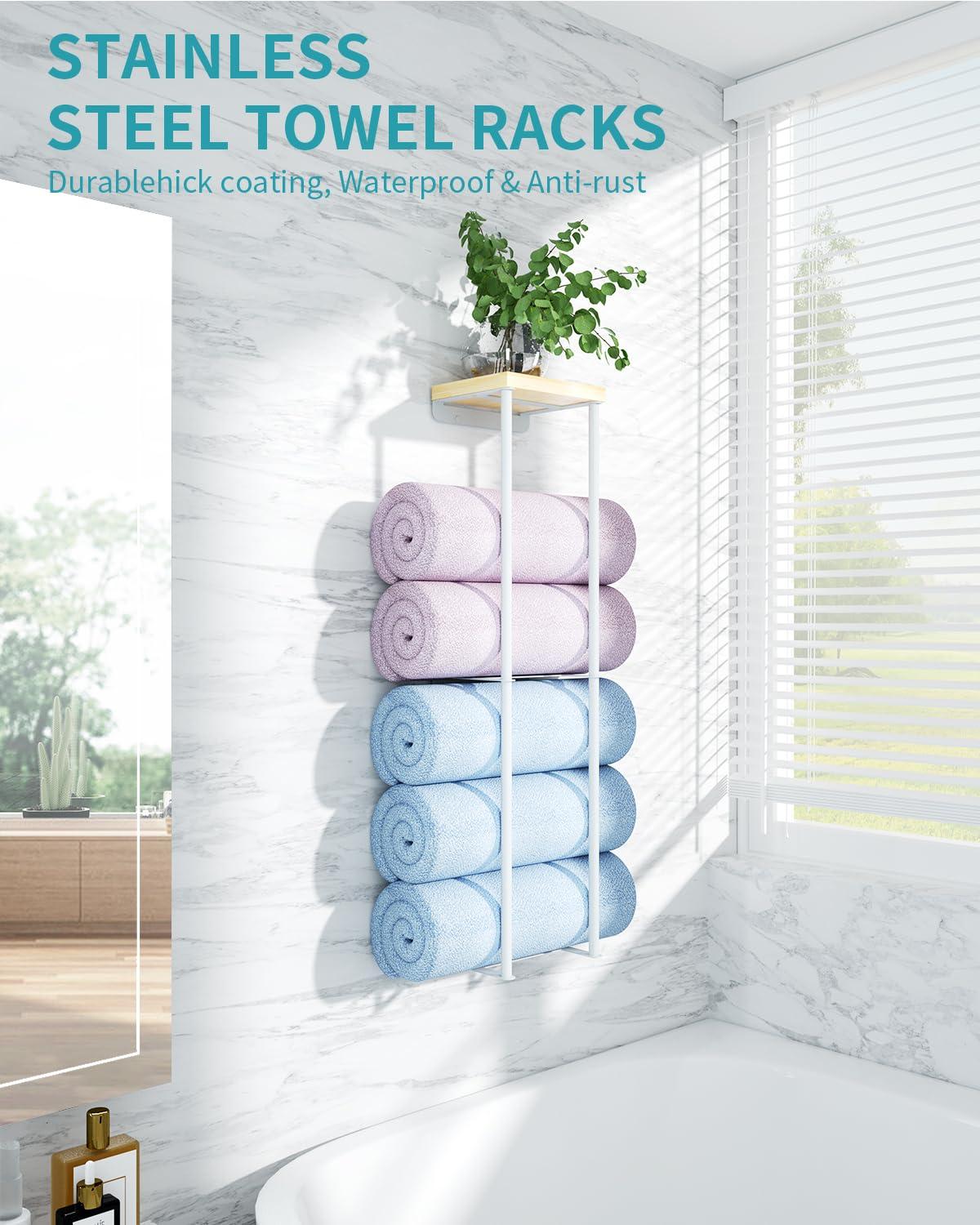 Towel Racks for Bathroom, 2 Tier Wall Towel Holder with Wood Shelf, Metal Wall Mounted Bathroom Organizers and Storage, White
