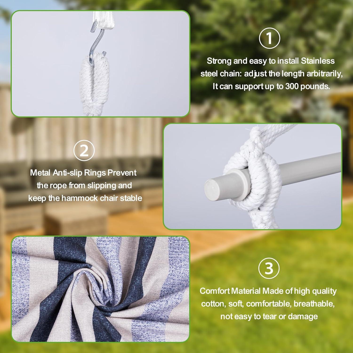 Backyard Expressions Striped Hammock Chair Hanging Rope Swing Chair, Anti Slip Steel Spreader Bar