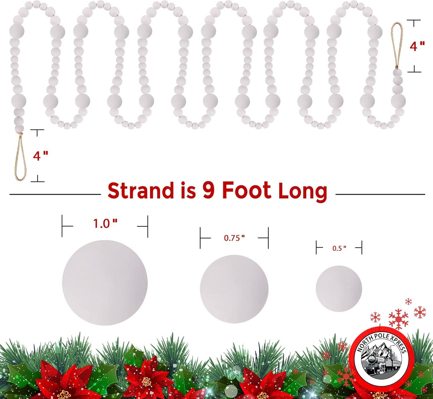 9.25-Foot White Wooden Beaded Christmas Garland