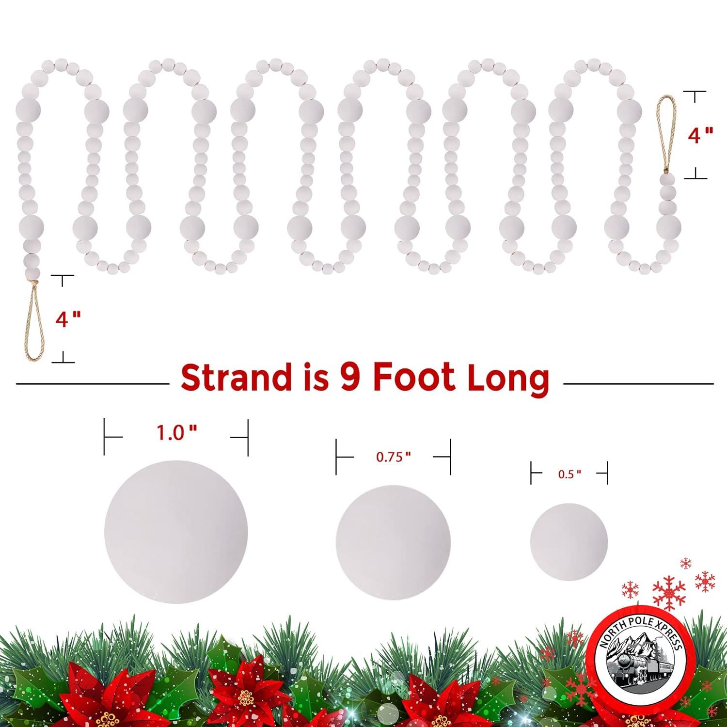 NorthPoleXpress 9 Foot White Wooden Christmas Tree Garland, Rustic Natural Country Farmhouse Vintage