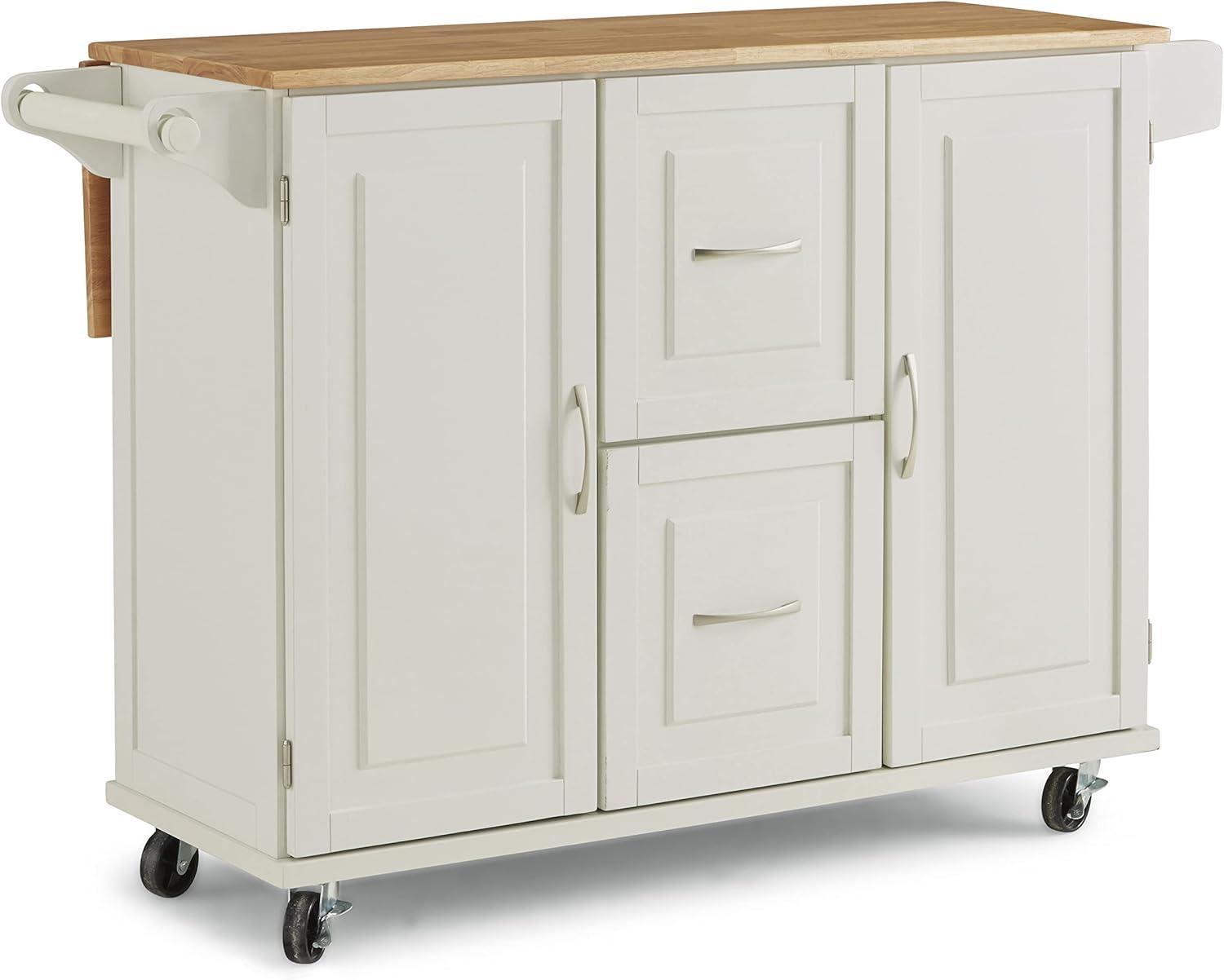 White Wood Drop Leaf Kitchen Cart with Storage and Spice Rack