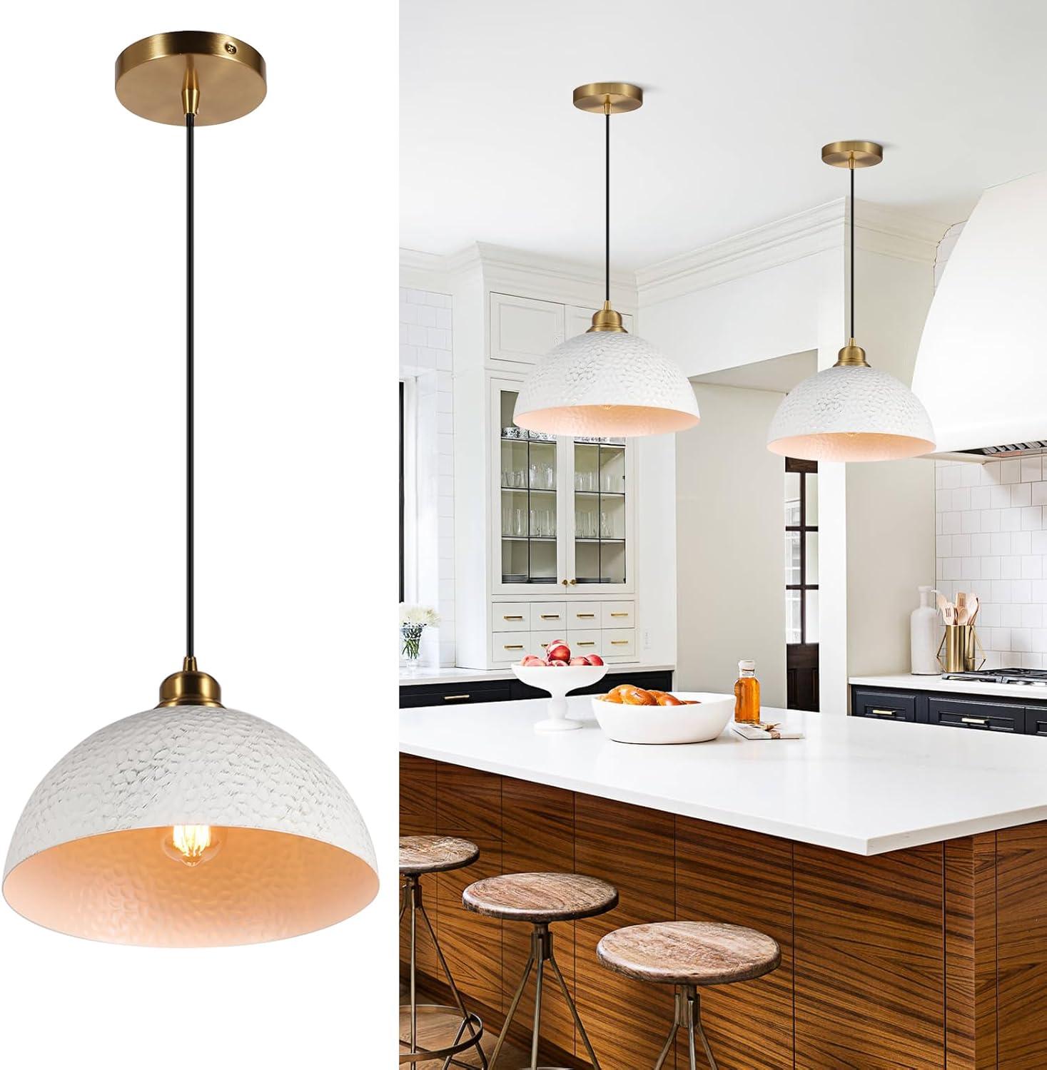 White and Gold Hammered Metal Dome Pendant Light