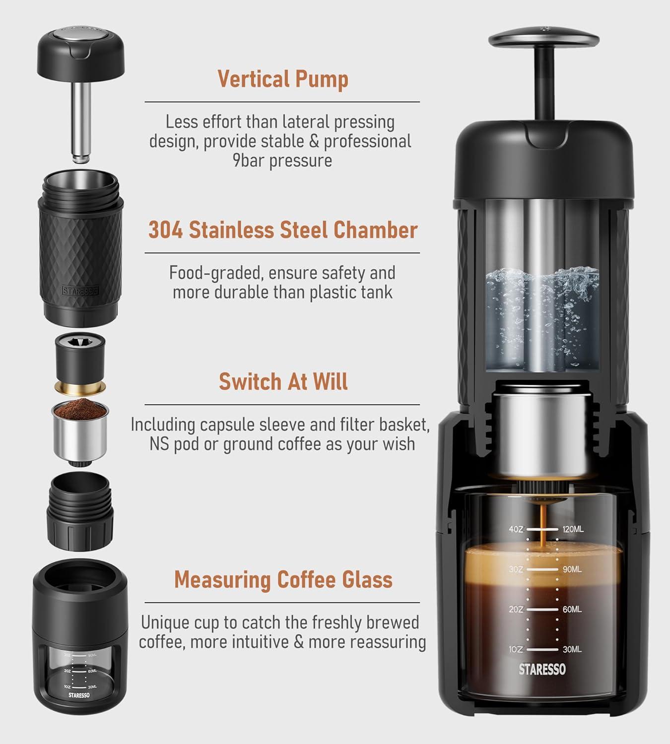 Compact Black Portable Espresso Maker with Capsule Compatibility