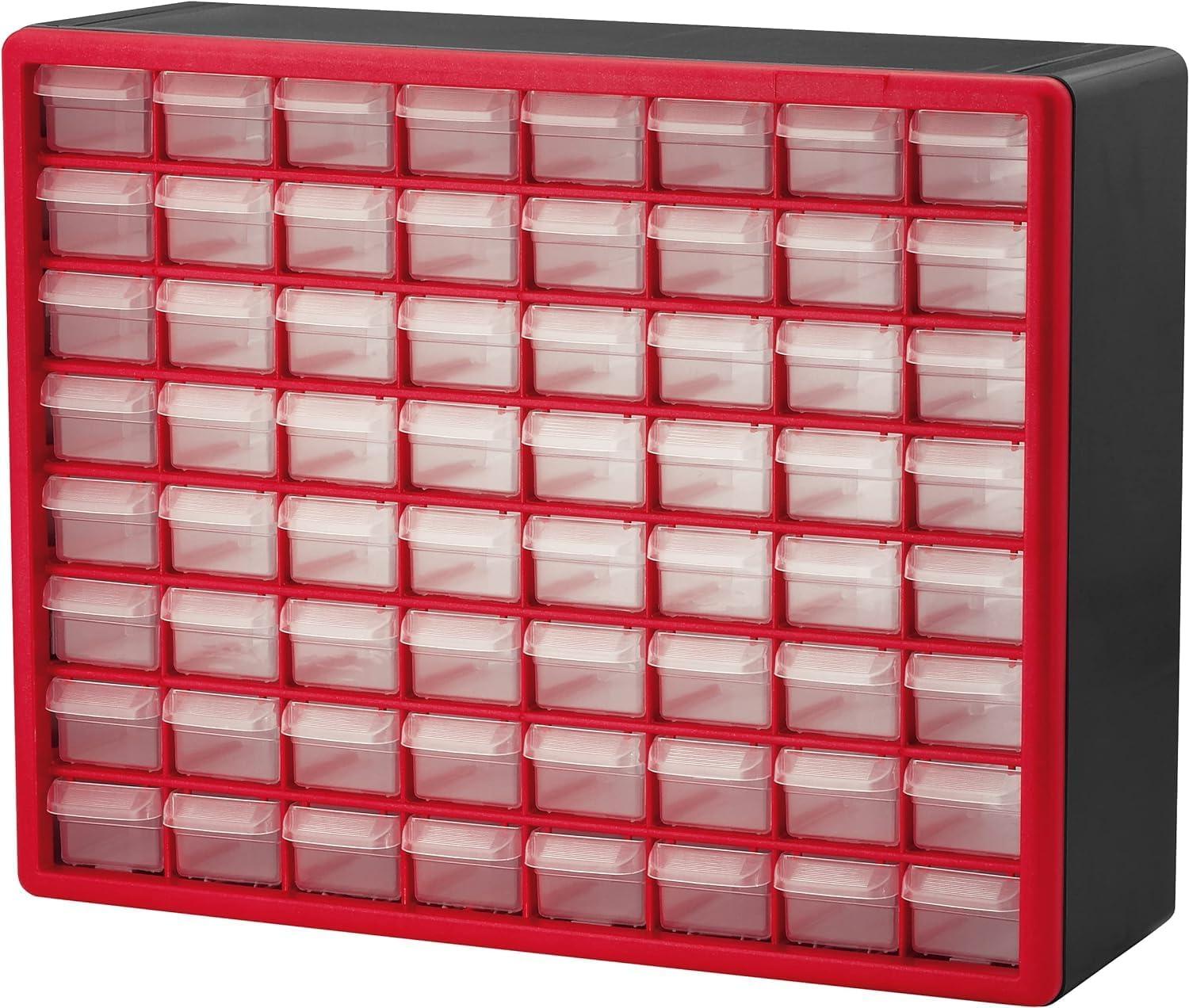 Red 64-Drawer Plastic Wall-Mounted Storage Organizer