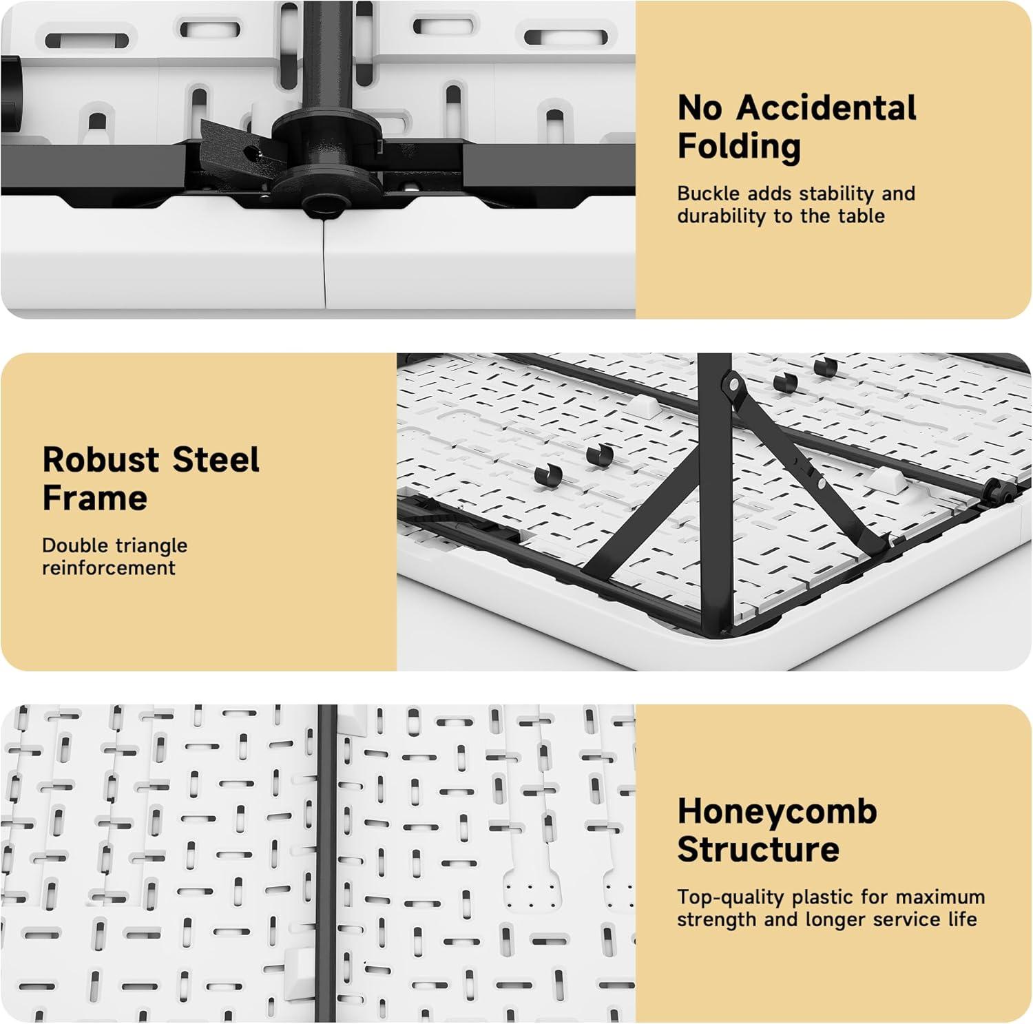 4 ft Portable Folding Table, Idustrial Heavy-Duty Foldable Table, HDPE Plastic Table, with Carrying Handle, Locks, Stright Legs for Indoor & Outdoor Party, Barbeque, Camping, Board Games - White