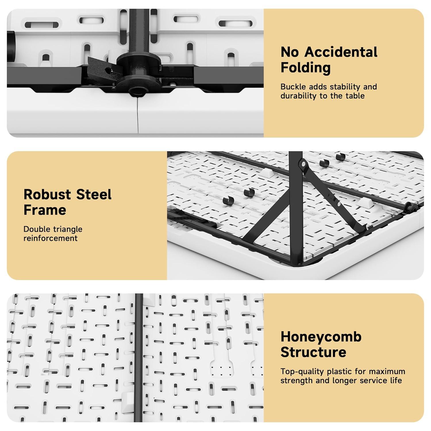 4 ft Portable Folding Table, Idustrial Heavy-Duty Foldable Table, HDPE Plastic Table, with Carrying Handle, Locks, Stright Legs for Indoor & Outdoor Party, Barbeque, Camping, Board Games - White