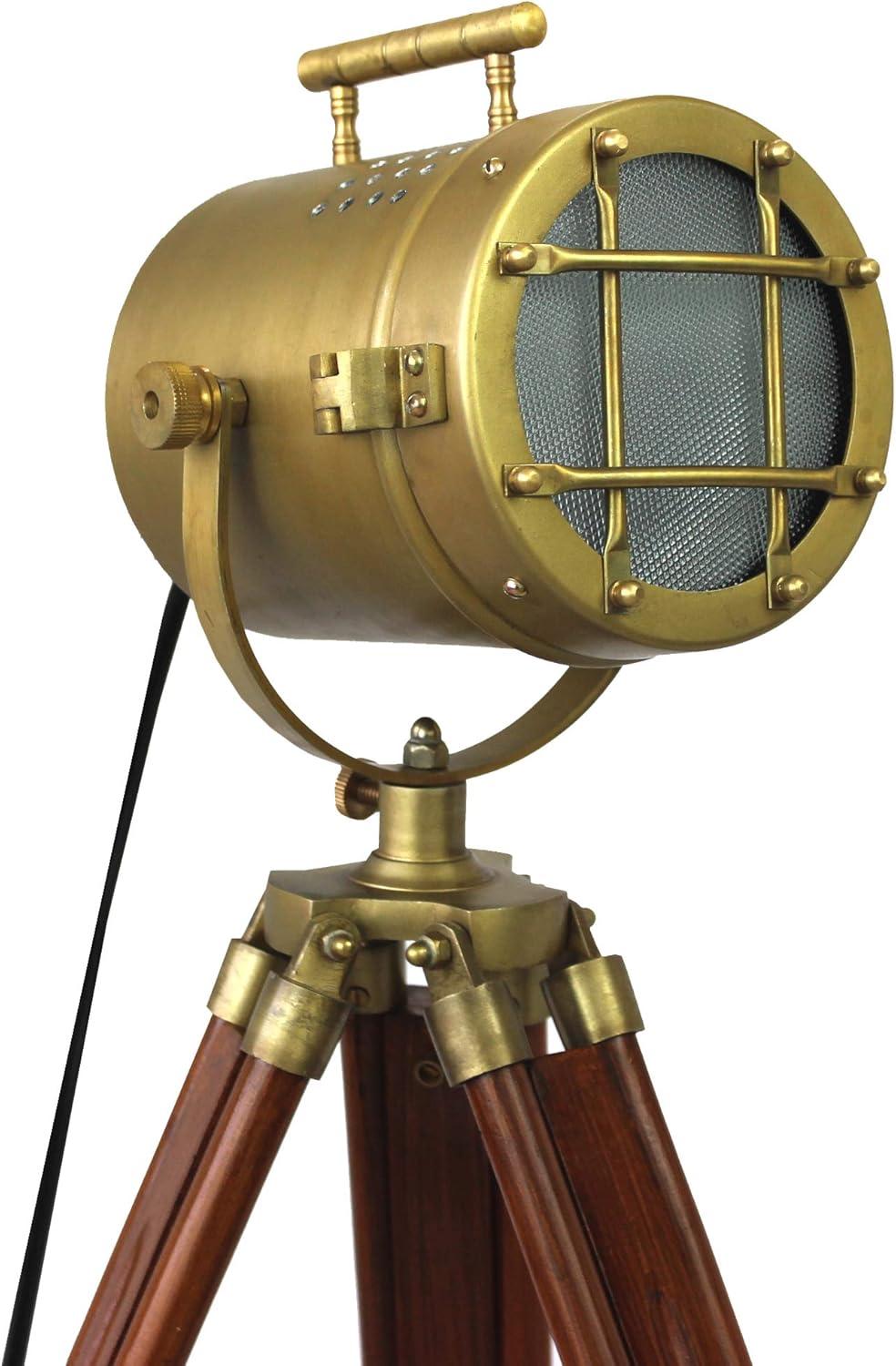 collectiblesBuy Vintage Model Searchlight Wood Antique Tripod Style Lamps LED Spotlights Desktop Home & Office Decor Brown-Brass