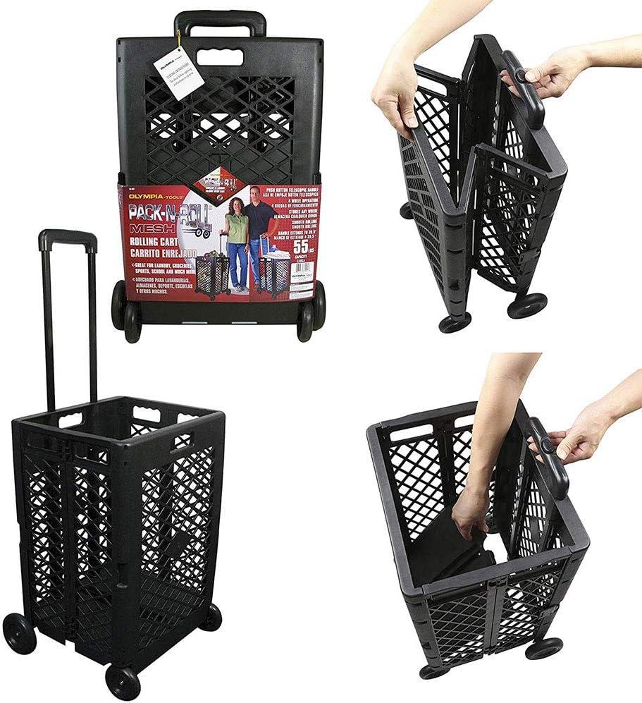 Olympia Tools 85-404 Pack n Roll Portable Utility Rolling Cart with Telescoping Handle for Easy Transportation, Weight Capacity up to 55 Pounds, Black