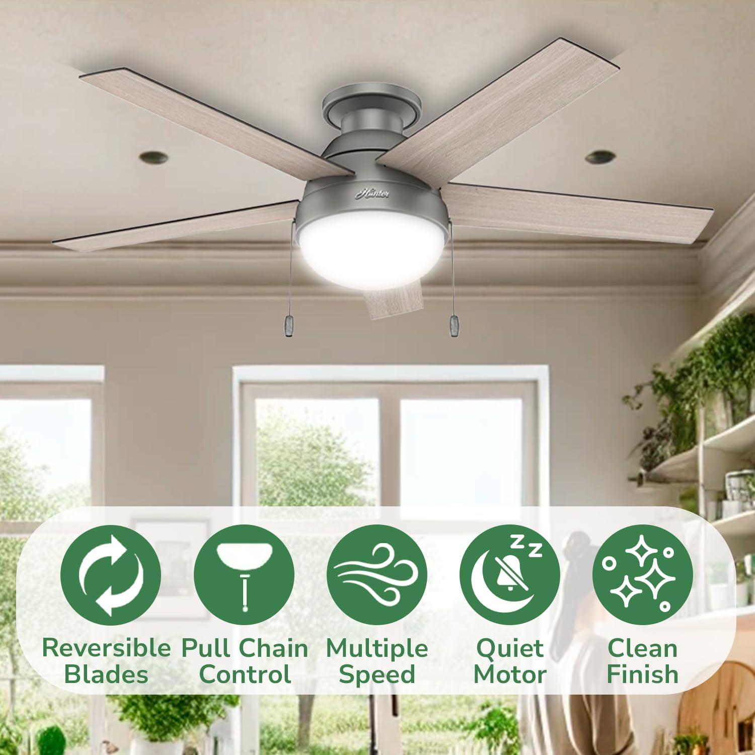 Hunter Fan 46" Anslee 5 - Blade LED Flush Mount Ceiling Fan with Pull Chain and Light Kit Included