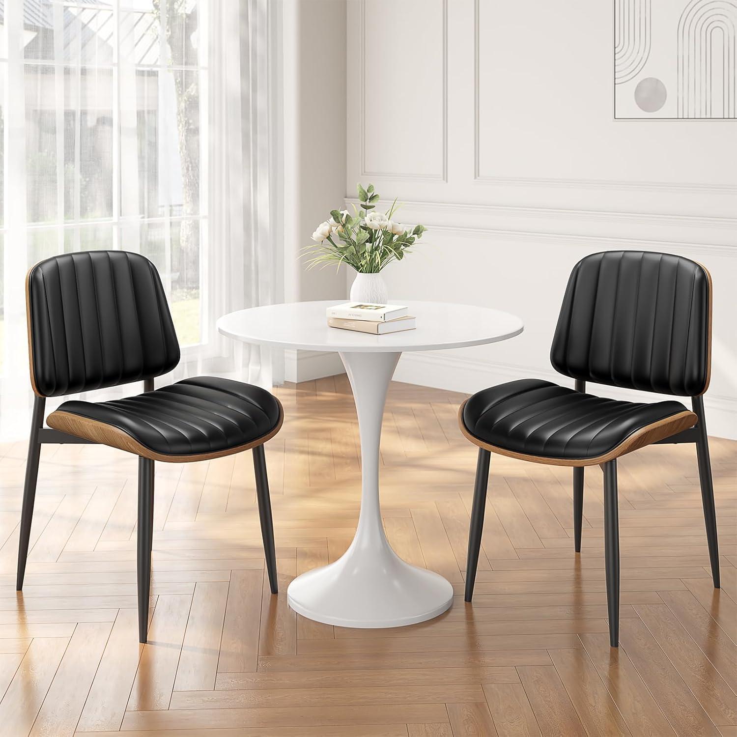 Dining Chairs Set of 2, Mid Century Modern Retro Faux Leather Chair with Walnut Bentwood Back, Upholstered Seat Metal Legs & Adjustable Foot for Kitchen Dining Room Chairs(Black PU)