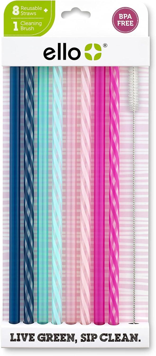 Ello Multi-Color BPA-Free Plastic Reusable Straw Set with Cleaning Brush