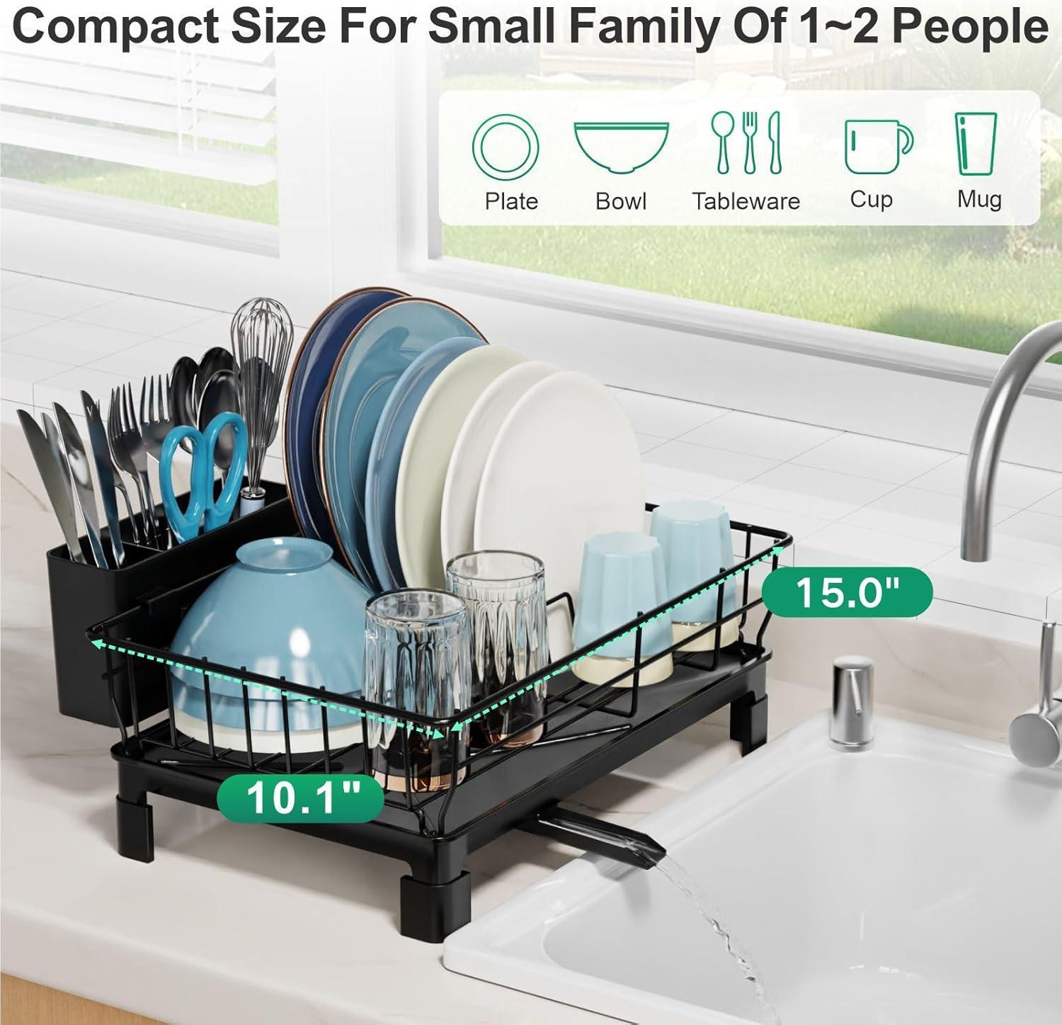 iSPECLE Dish Drying Rack with Drainboard - Compact Dish Racks for Kitchen Counter or in Sink, Small Dish Drainer with Utensil Holder and Drain Spout, Black