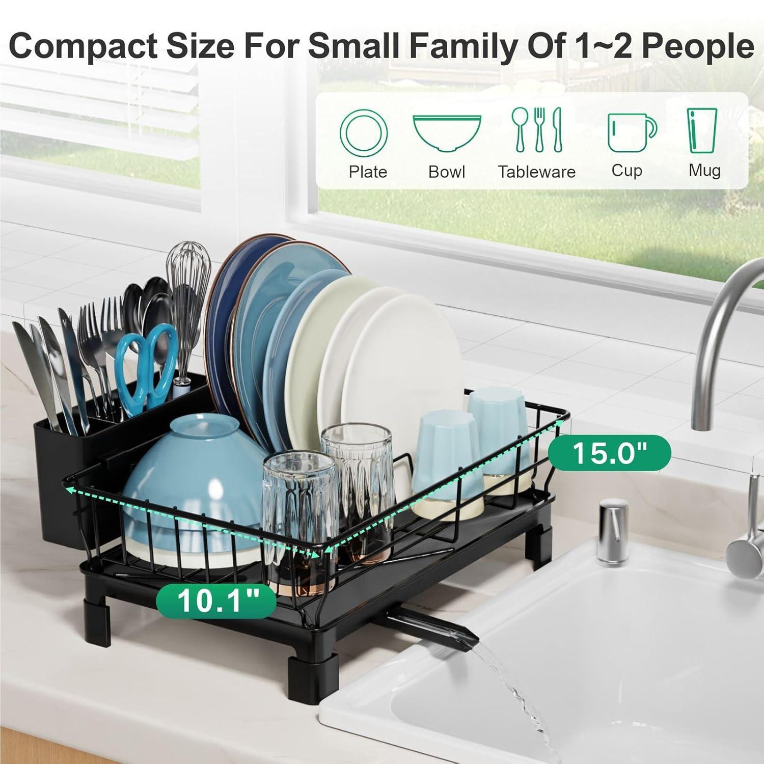 iSPECLE Dish Drying Rack with Drainboard - Dish Racks for Kitchen Counter, Rust-Resistant Compact Dish Drainer with Utensil Holder, Drain Spout and High Feet on Drip Tray, Black