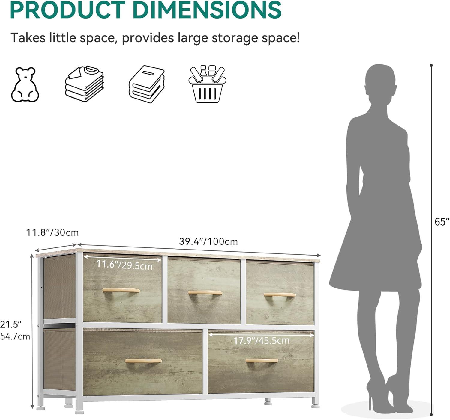 YITAHOME Wide Chest of Drawers, Dresser with 5 Drawers, Oak Greige Fabric Storage Tower, Dresser for Bedroom with 5 Drawers, Living Room, Closets - Sturdy Steel Frame, Wooden Top