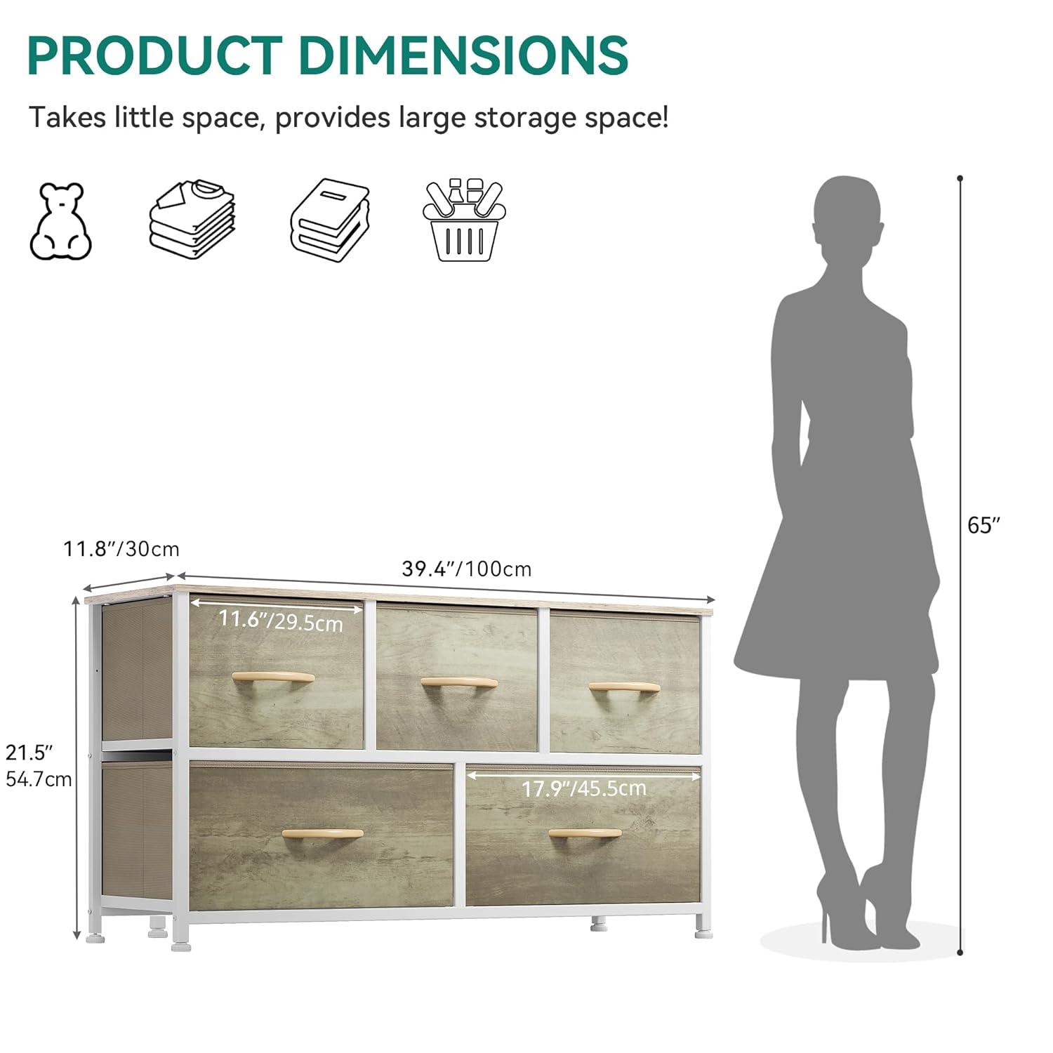 YITAHOME Wide Chest of Drawers, Dresser with 5 Drawers, Oak Greige Fabric Storage Tower, Dresser for Bedroom with 5 Drawers, Living Room, Closets - Sturdy Steel Frame, Wooden Top