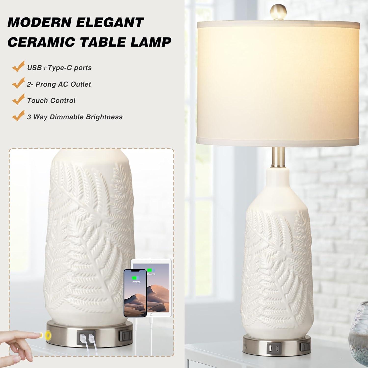 White Ceramic Table Lamps Set with Linen Shades and USB Ports