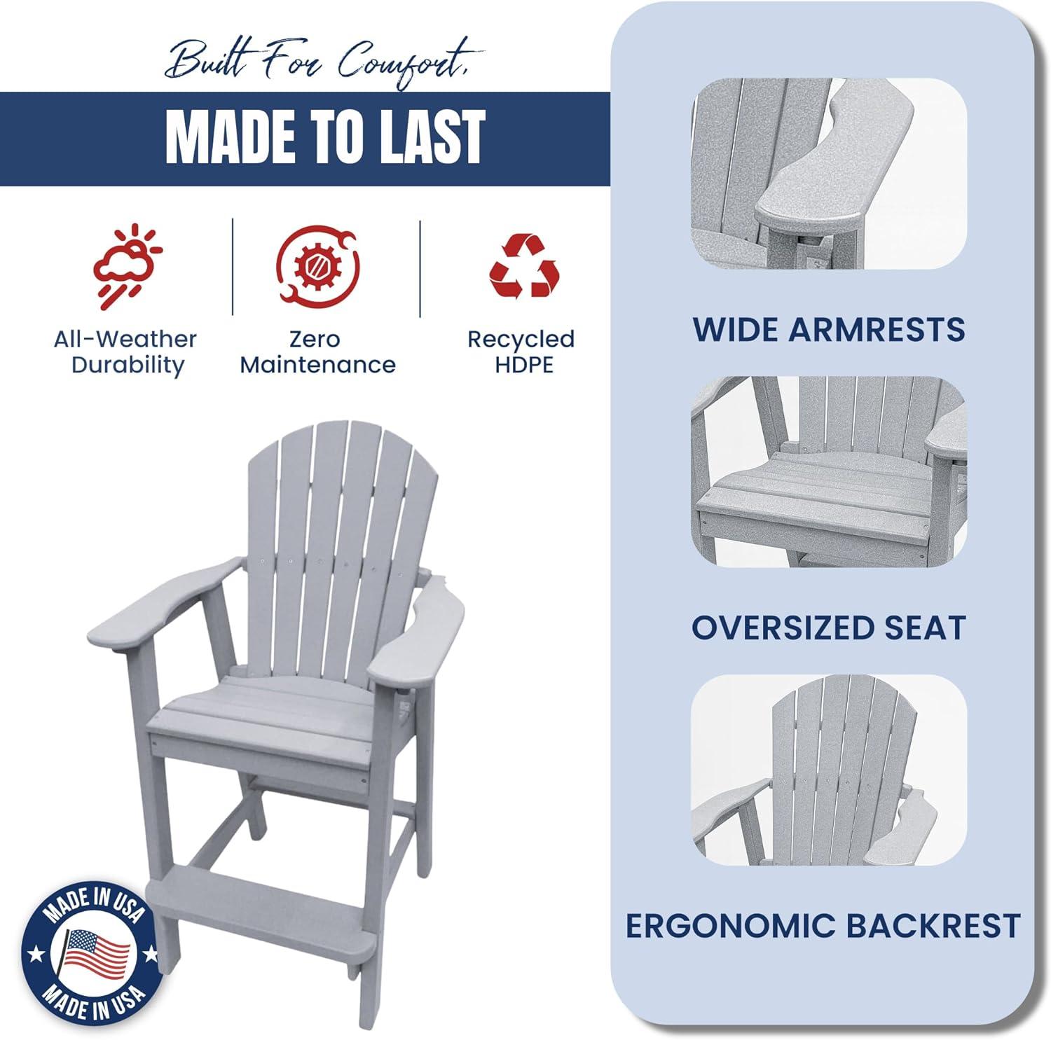 Phat Tommy Tall Adirondack Chair - HDPE Outdoor Furniture - Poly Adirondack Bar Stool - Heavy, Stress Free Furniture for Balcony, Deck, Patio, Front Porch, Grey