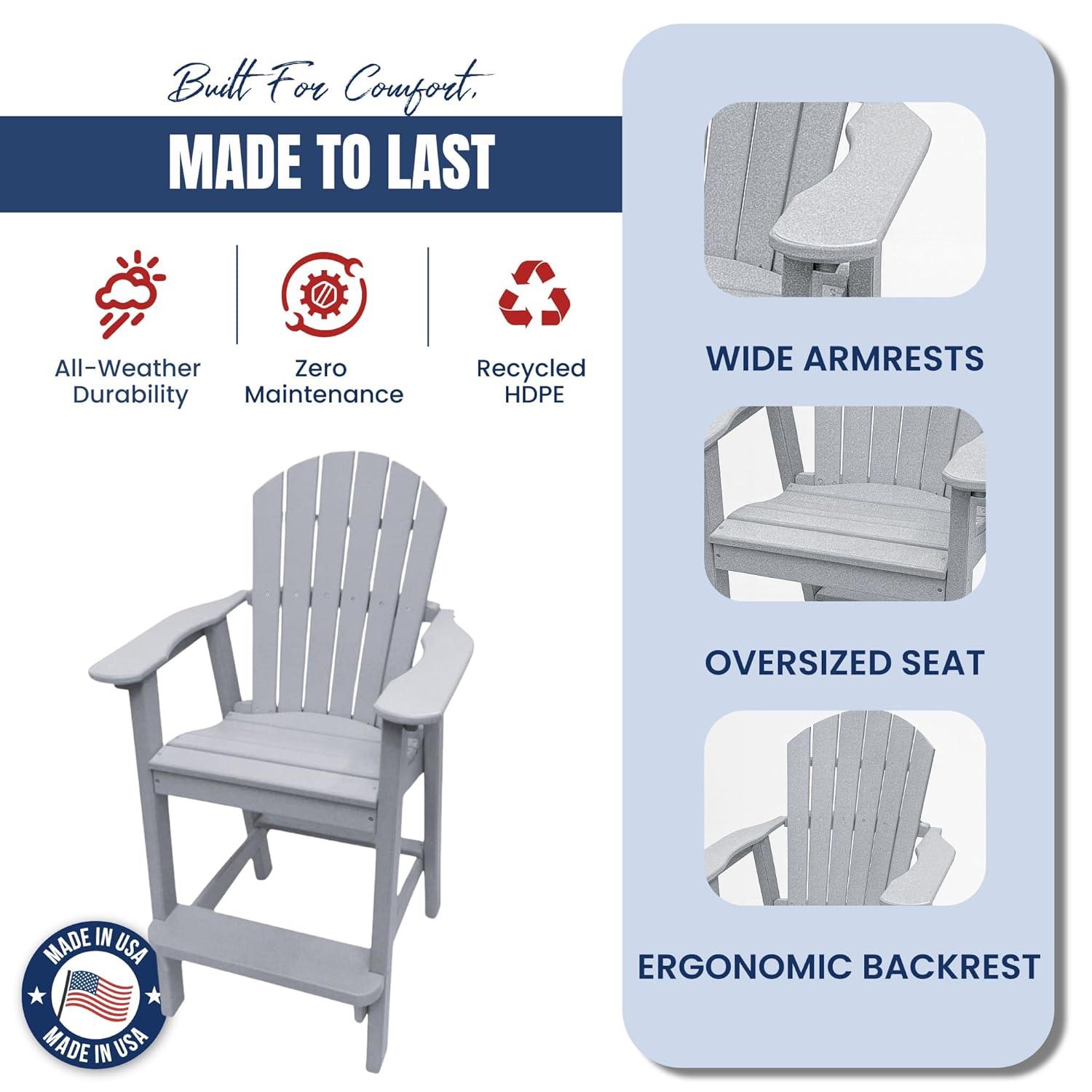 Phat Tommy Tall Adirondack Chair - HDPE Outdoor Furniture - Poly Adirondack Bar Stool - Heavy, Stress Free Furniture for Balcony, Deck, Patio, Front Porch, Grey