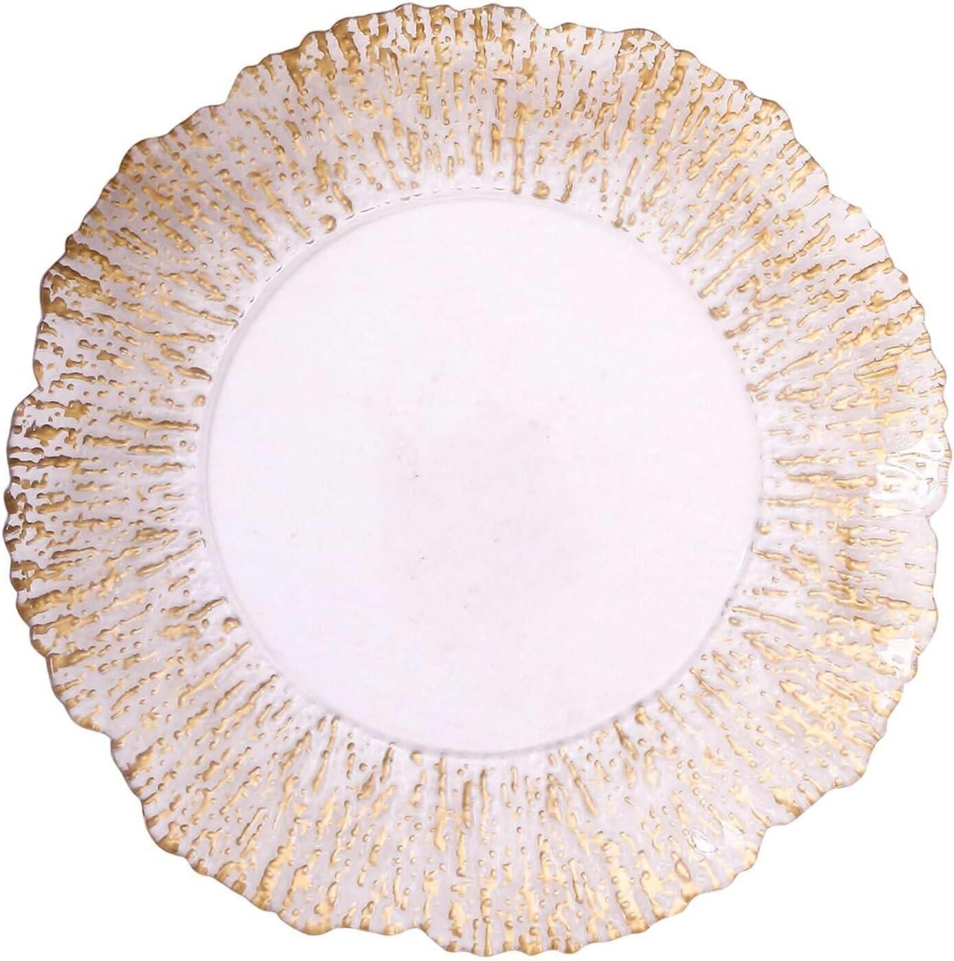 Efavormart 6 Pack Clear Plastic Charger Plates With Gold Reef Rim, 12" Round Scalloped Disposable Serving Plates