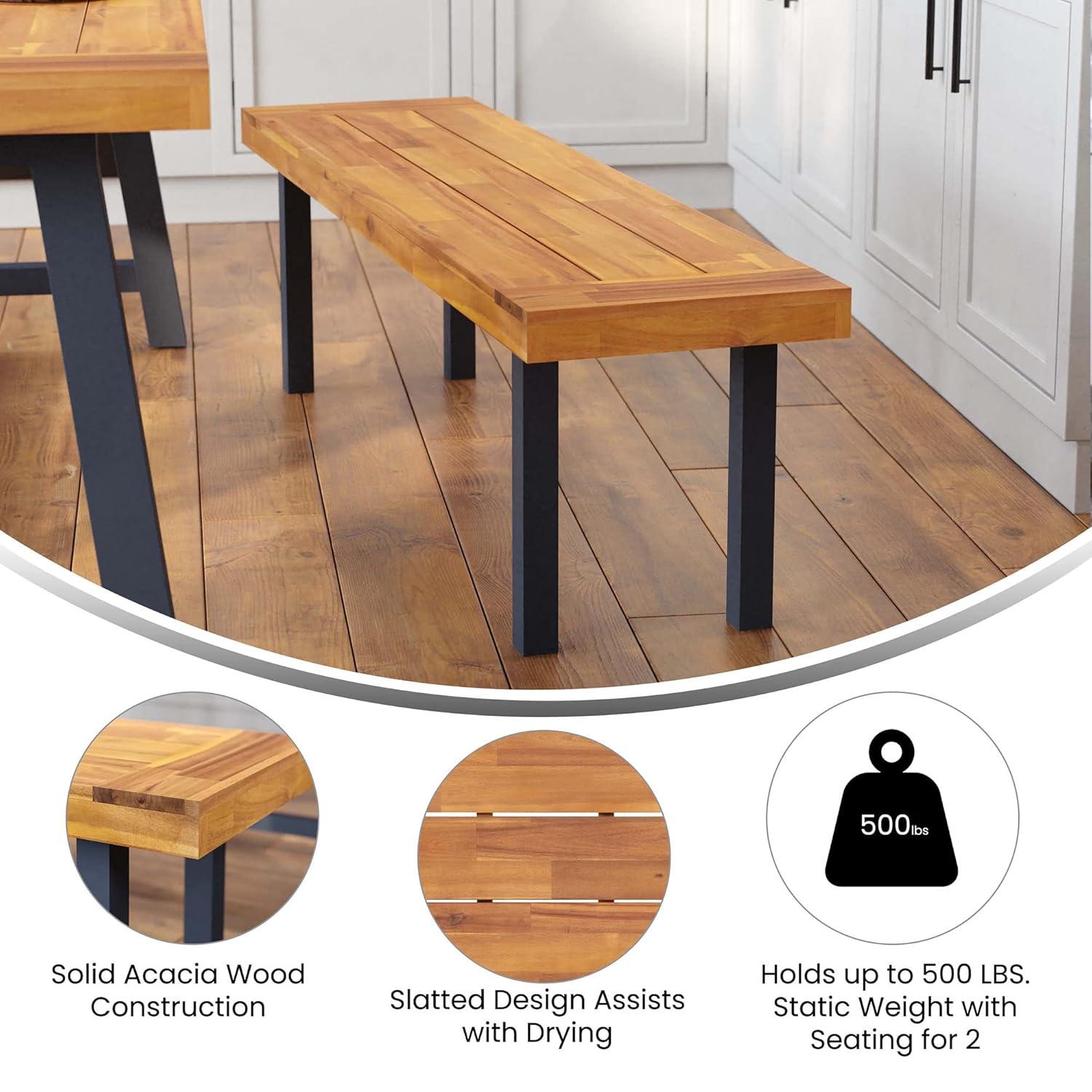 Flash Furniture Martindale Solid Acacia Wood Patio Dining Bench for 2 with Slatted Top and Black Flared Wooden Legs in a Natural Finish