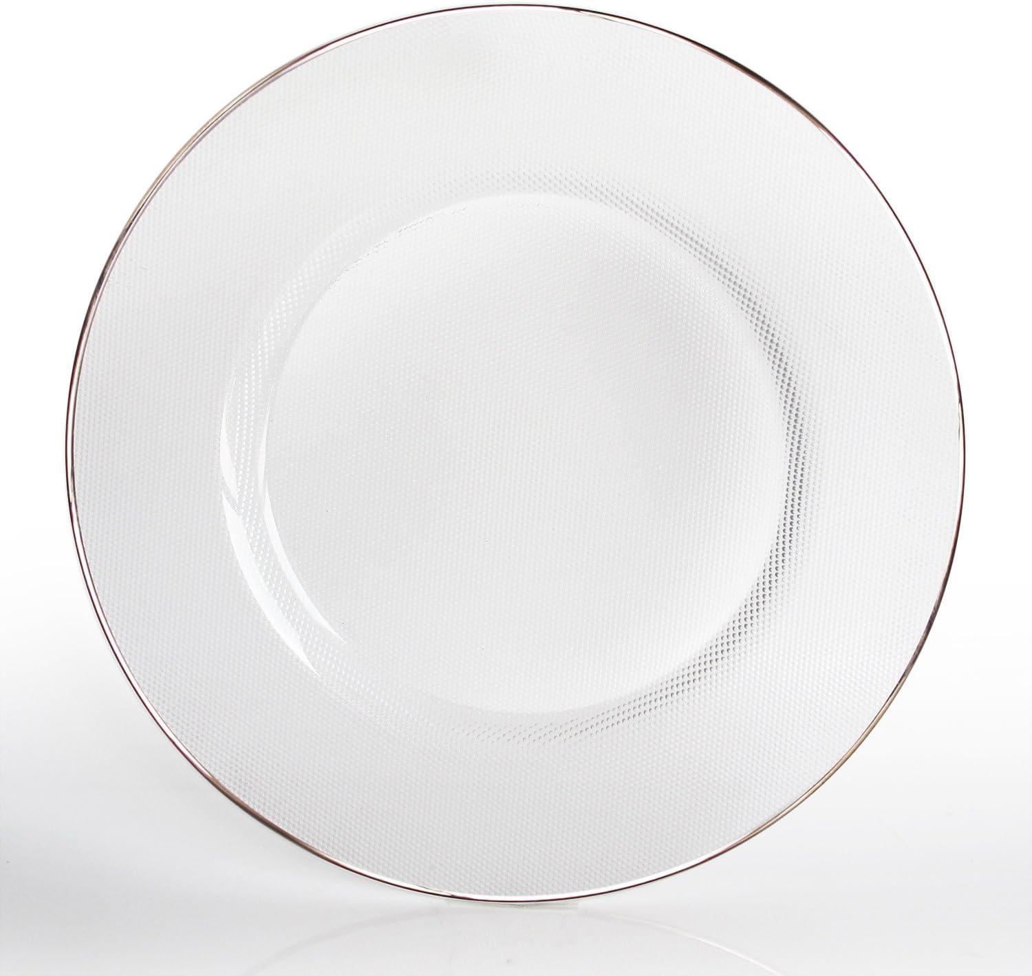 American Atelier, Round, White Glass Decorative Charger Plate with Platinum Gold Rim, 13"