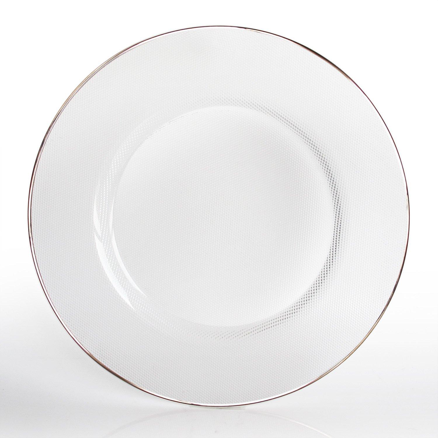 American Atelier, Round, White Glass Decorative Charger Plate with Platinum Gold Rim, 13"