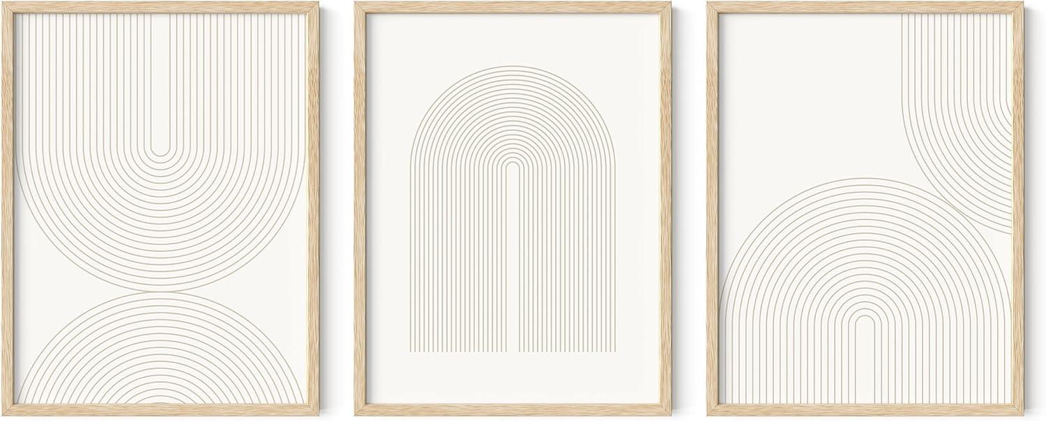 HAUS AND HUES Boho Wall Art - Set of 3 Framed Mid Century Modern Wall Art for Living Room, Minimalist Beige Wall Art, Line Art Wall Decor, Boho Art Wall Decor, Light Arches Art (12x16, BEIGE FRAMED)