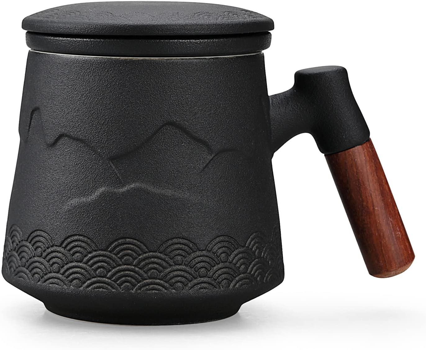 Tea Cup with Infuser and Lid, Gradual Mountain and Spray Tea Mug Cups with Infuser, Wood Handle Ceramic Coffee Mug with Lid Tea 430ml/14.50 OZ (Black)